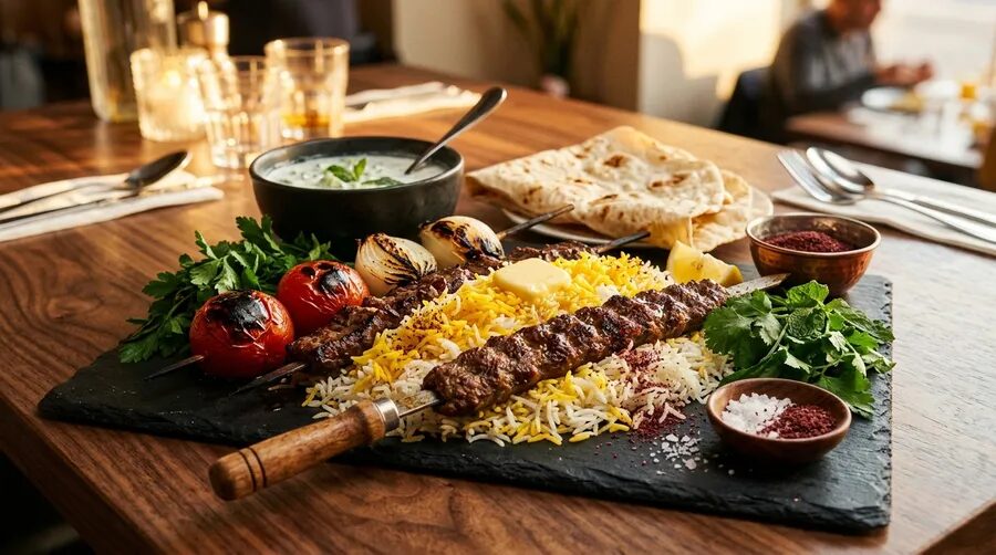 سینی کباب سلطانی و کوبیده زعفرانی با برنج ایرانی و گوجه کبابی در منوی کباب‌اپ